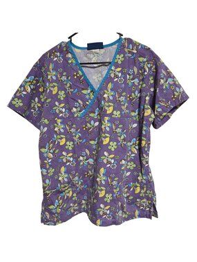 Med+Wear Scrub Top Womens Size Large Purple Floral V-Neck Medical Uniform